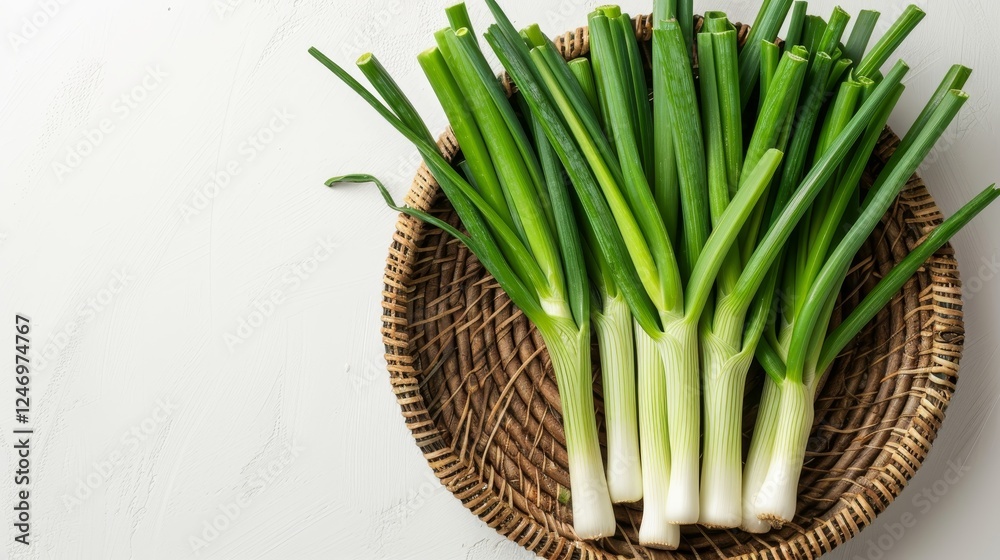 a basket filled with fresh leek. empty space for your text a basket filled with fresh leek. empty space for your text