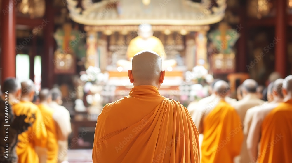 Obraz premium Serene Buddhist Monk in Orange Robe Meditating in a Temple Ritual Ceremony : Generative AI