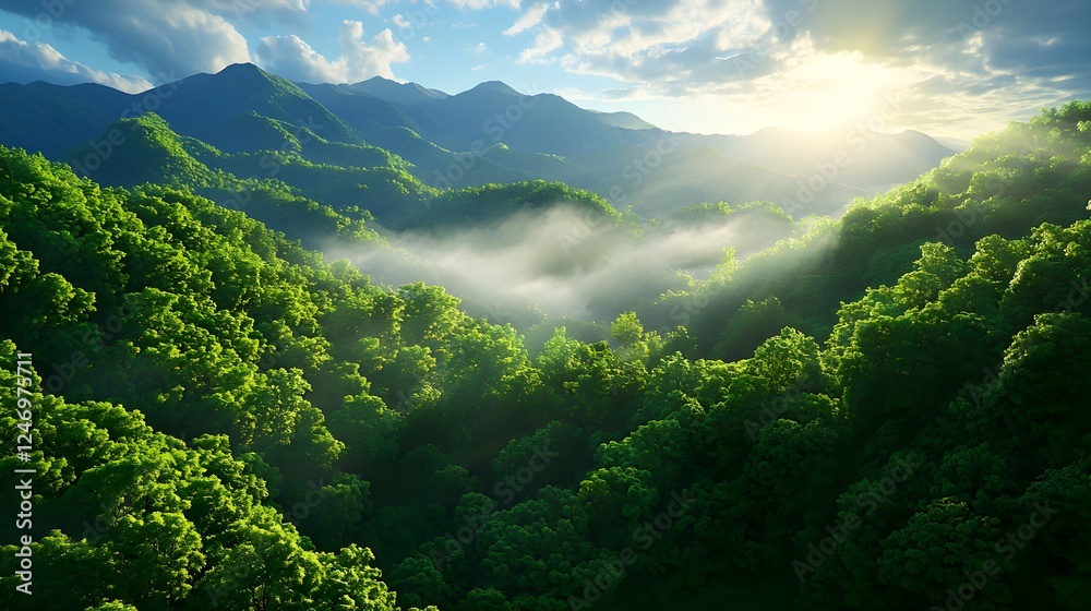 Obraz premium Lush Green Mountain Forest at Sunrise