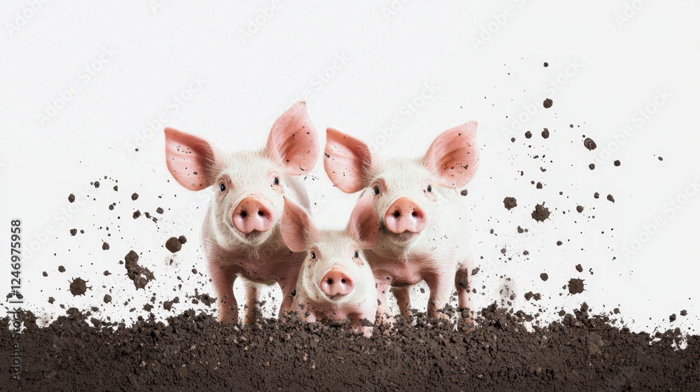 Three playful pigs in muddy field, showcasing their joyful nature Three playful pigs in muddy field, showcasing their joyful nature