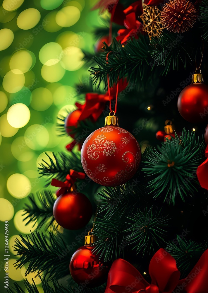 Fototapeta premium Festive christmas tree with red and gold ornament bokeh green bokeh green abstract background light bright blur pattern