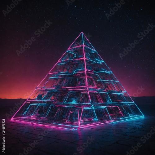 A neon pyramid levitating over an infinite grid of glowing circuits.