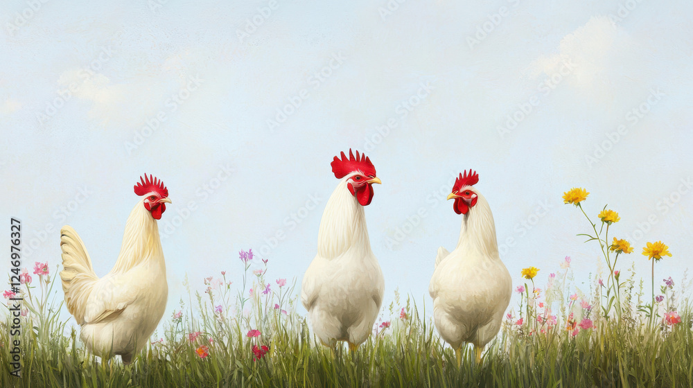 Fototapeta premium Roosters and hens in wildflower field, showcasing vibrant colors and nature beauty