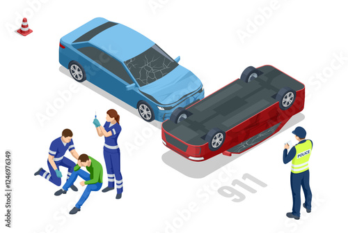 Car crash. Isometric vector showing a car flipped over near on road. Police and paramedics are assisting an injured individual, with a police car and ambulance nearby.