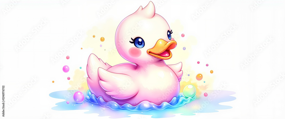 Obraz premium Playful pink duck bath toy floating in colorful bubbles, child fun
