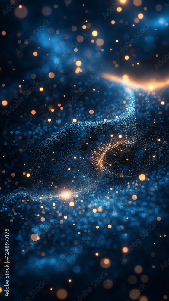 Fototapeta premium Glowing particles swirl in a mesmerizing cosmic dance of blue and gold.