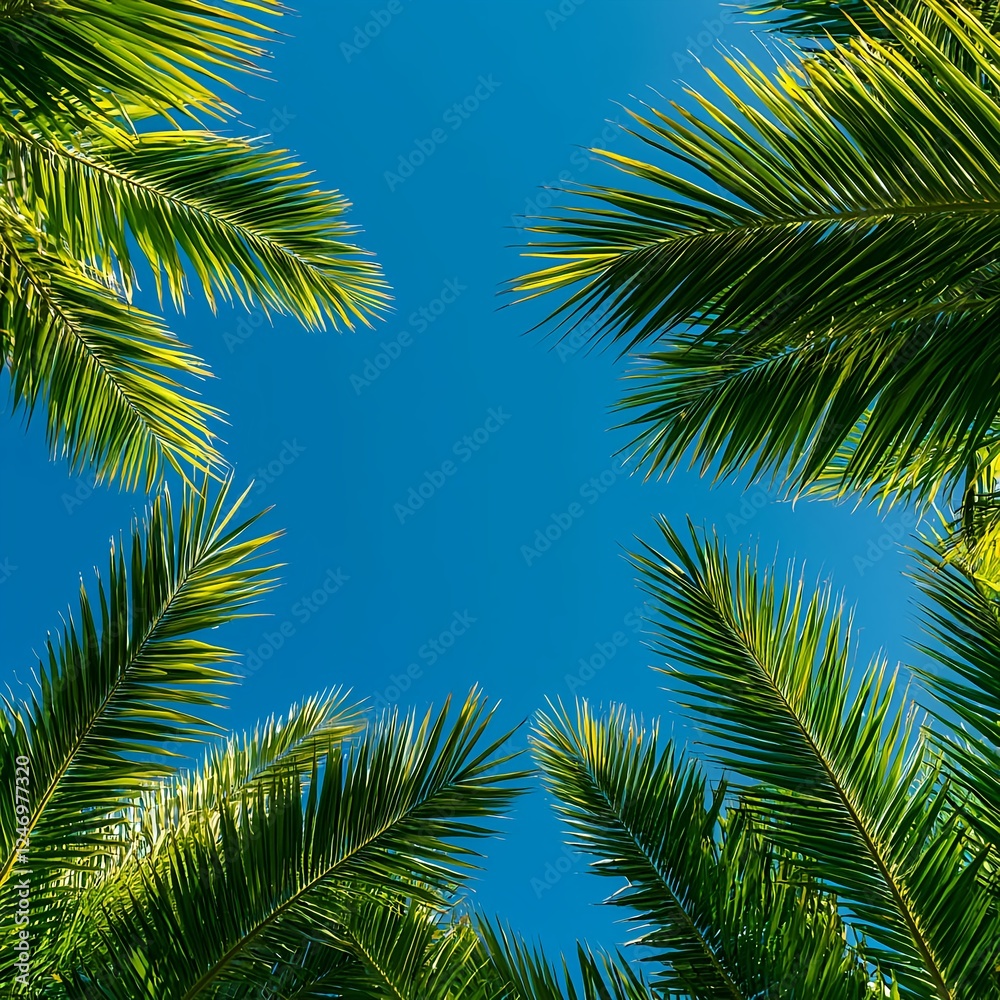 Naklejka premium Lush Green Palm Fronds Against Vivid Blue Sky