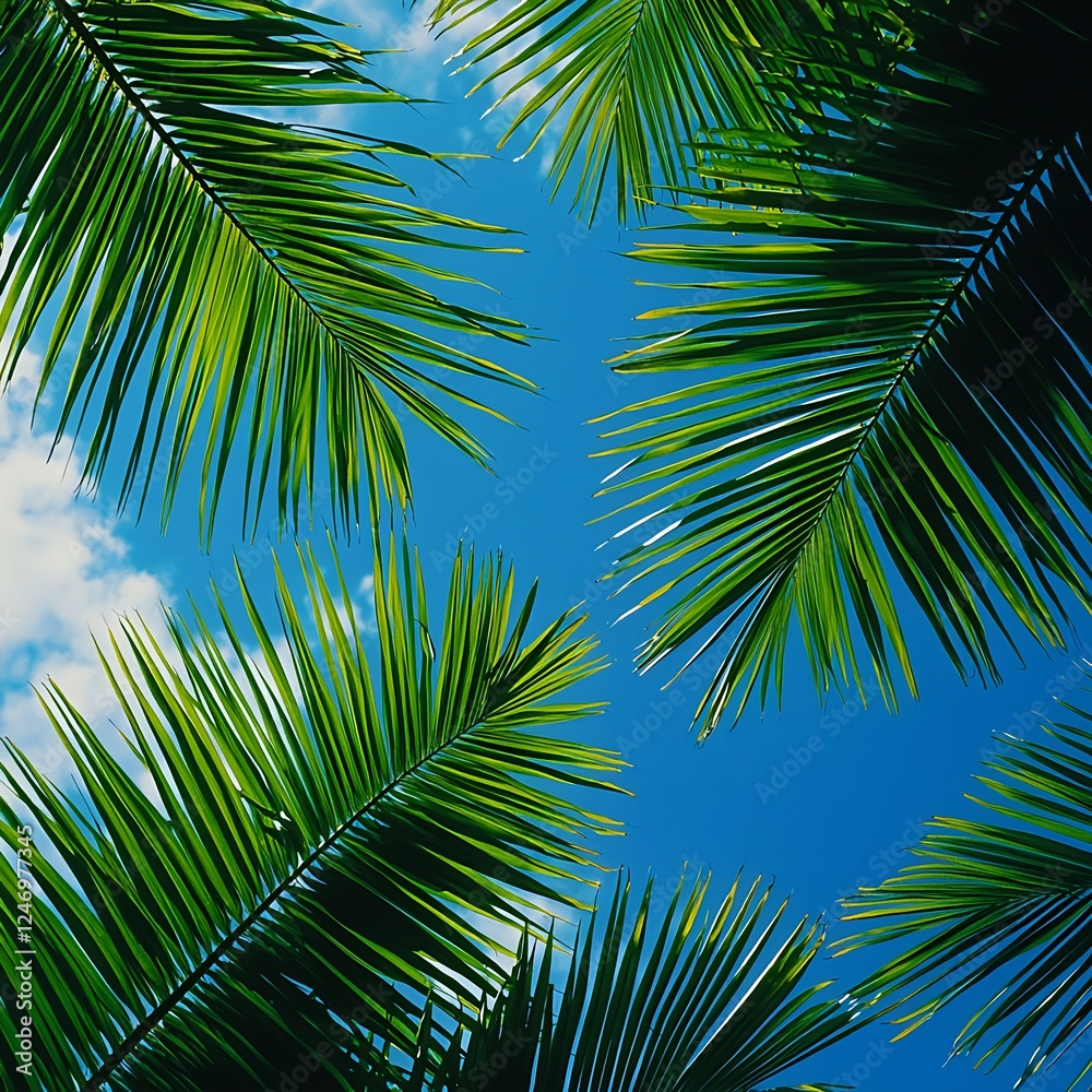 Lush Green Palm Fronds against a Vivid Blue Sky Lush Green Palm Fronds against a Vivid Blue Sky