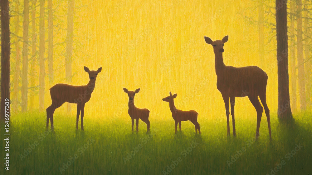 Naklejka premium Gentle deer family in forest clearing with pastel tones and soft light