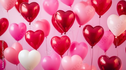 Vibrant Heart Shaped Balloons in Pink Red and White on a Soft Pink Background for Romantic Celebrations : Generative AI