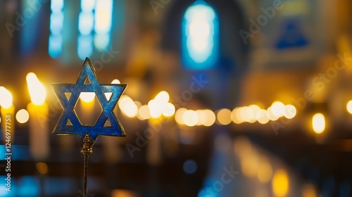 Illuminated Star of David in Front of Glowing Candles in Synagogue : Generative AI photo