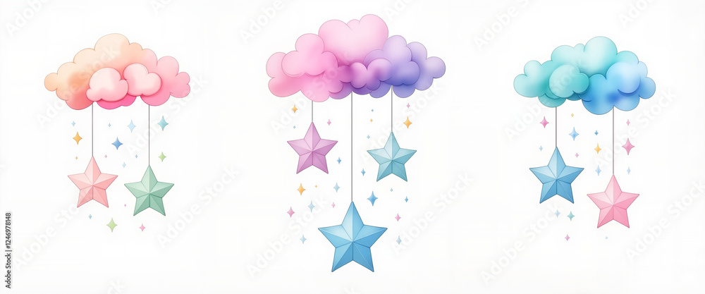 Cute baby mobile with clouds and stars in pastel colors, nursery decor Cute baby mobile with clouds and stars in pastel colors, nursery decor