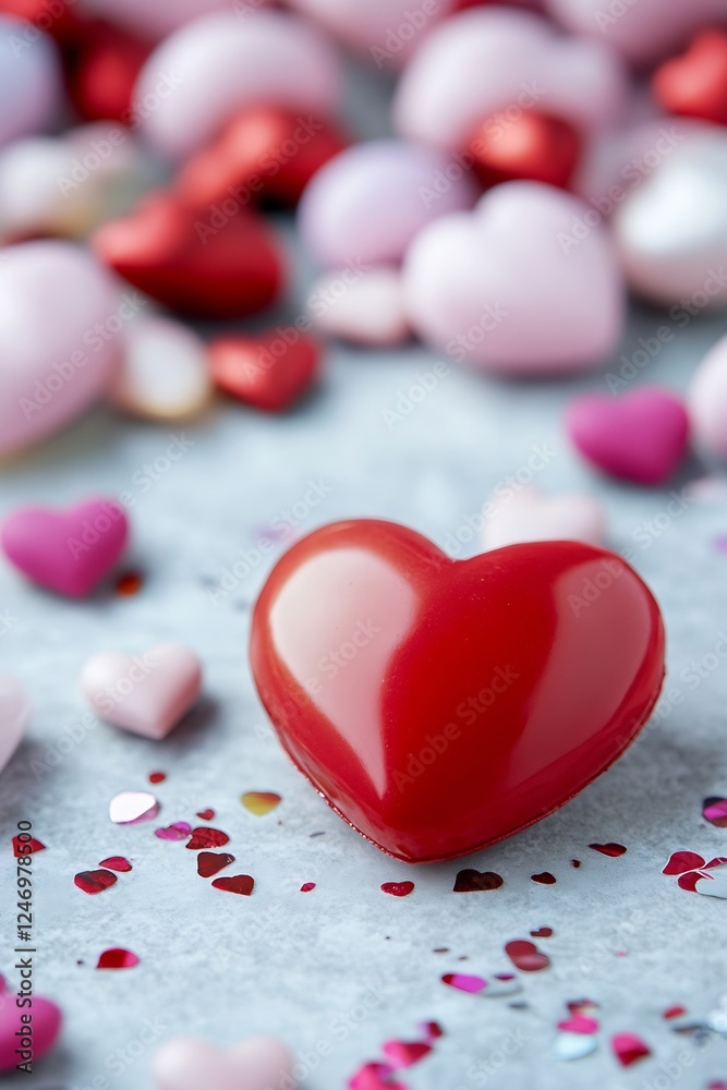 Closeup of Vibrant Heart Shaped Chocolates with Confetti on Soft Background : Generative AI Closeup of Vibrant Heart Shaped Chocolates with Confetti on Soft Background : Generative AI