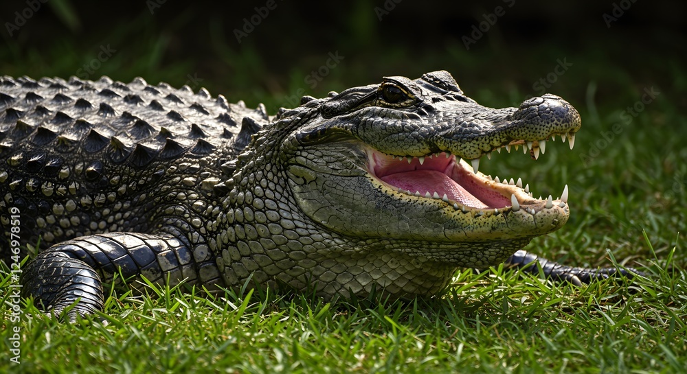 Fototapeta premium Majestic Close-Up of a Crocodile Relaxing in the Grass
