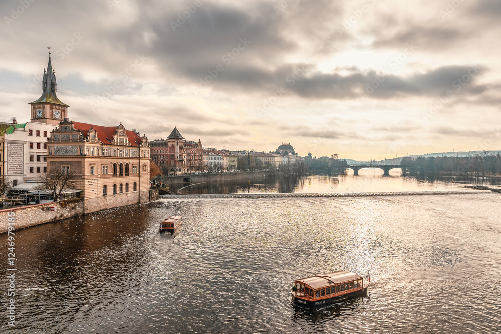 Fototapeta premium Panoramic view on Prague Historical Gothic Medieval castle and church complex, St. Vitus Cathedral, Charles Bridge, astronomical clock, Basilica of St. George, Unesco city tourism