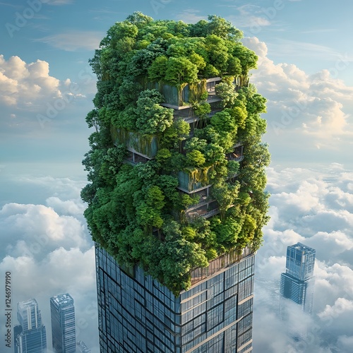 Futuristic Vertical Garden Skyscraper Amidst Clouds and Urban Cityscape