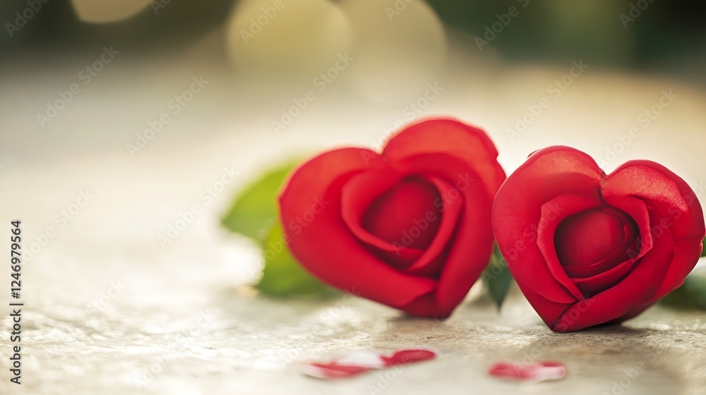 Fototapeta premium Pair of red rose hearts resting on a textured surface with soft light : Generative AI