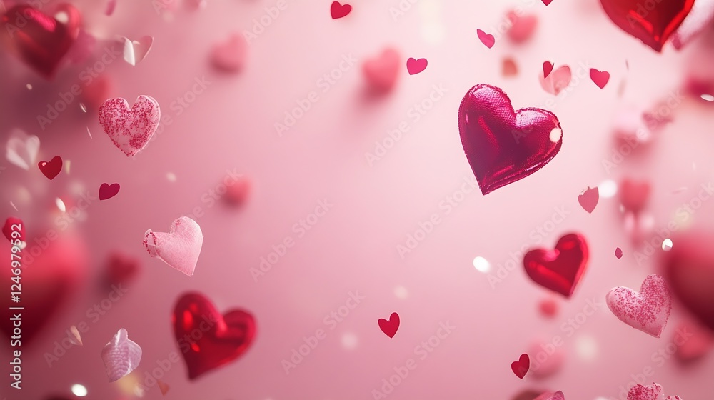 Scattered red and pink hearts falling on a soft pink background : Generative AI Scattered red and pink hearts falling on a soft pink background : Generative AI
