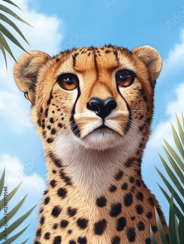 Majestic Cheetah in Natural Habitat Watching the Sky - A stunning depiction of a cheetah with intense eyes gazing ahead in a vibrant backdrop of sky and foliage symbolizing beauty grace and strength. photo