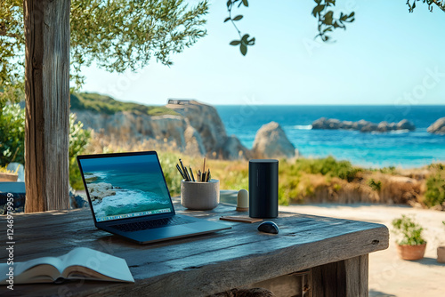 Laptop on an Outdoor Desk Overlooking the Ocean, Embracing Remote Work Freedom-