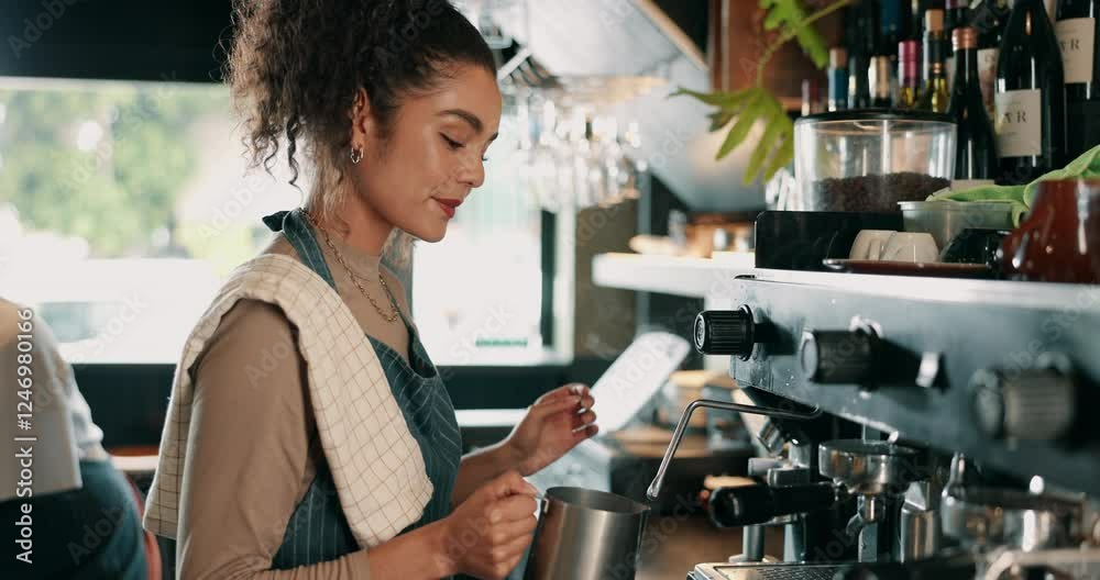Milk, latte and waitress with woman in coffee shop for machine, cappuccino drink or cafeteria. Restaurant, espresso and barista with person and steam frother in cafe for mocha blend and brewing