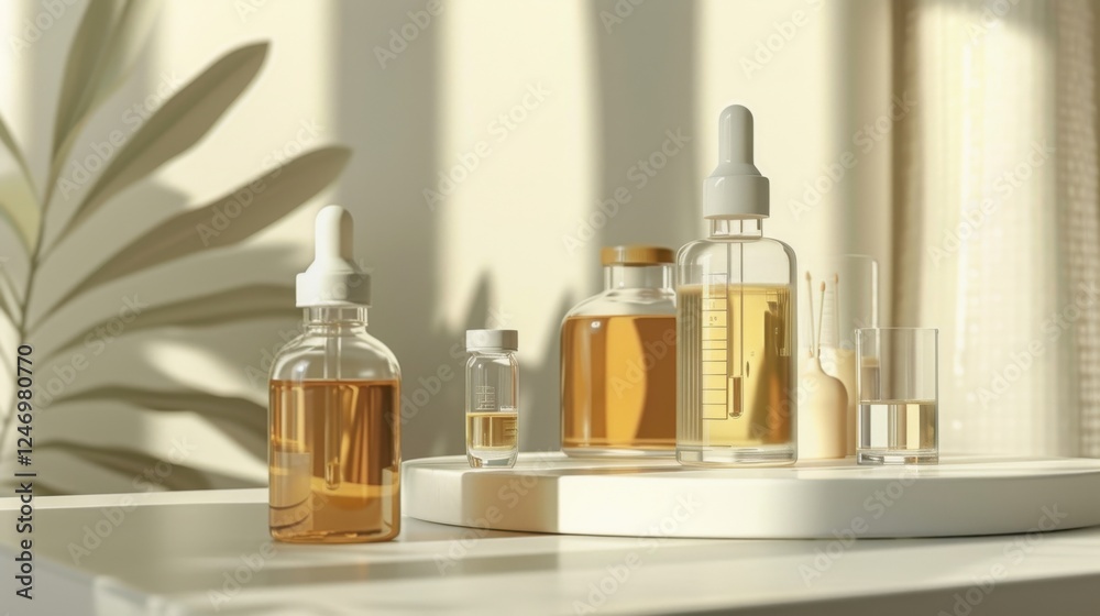 Cosmetic podium display featuring glass flask and cylinder equipment in a modern medical science lab background. 3D rendered, professional and clean Cosmetic podium display featuring glass flask and cylinder equipment in a modern medical science lab background. 3D rendered, professional and clean