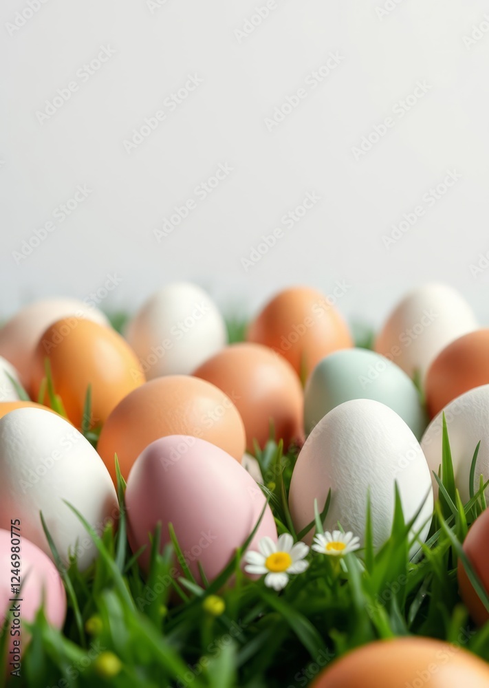 Bunch of eggs are on a green field easter border Ultra realistic Photorealistic Bunch of eggs are on a green field easter border Ultra realistic Photorealistic