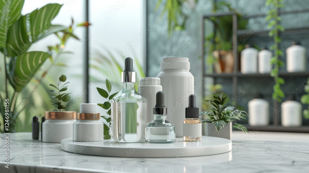 Cosmetic podium display featuring glass flask and cylinder equipment in a modern medical science lab background. 3D rendered, professional and clean Cosmetic podium display featuring glass flask and cylinder equipment in a modern medical science lab background. 3D rendered, professional and clean