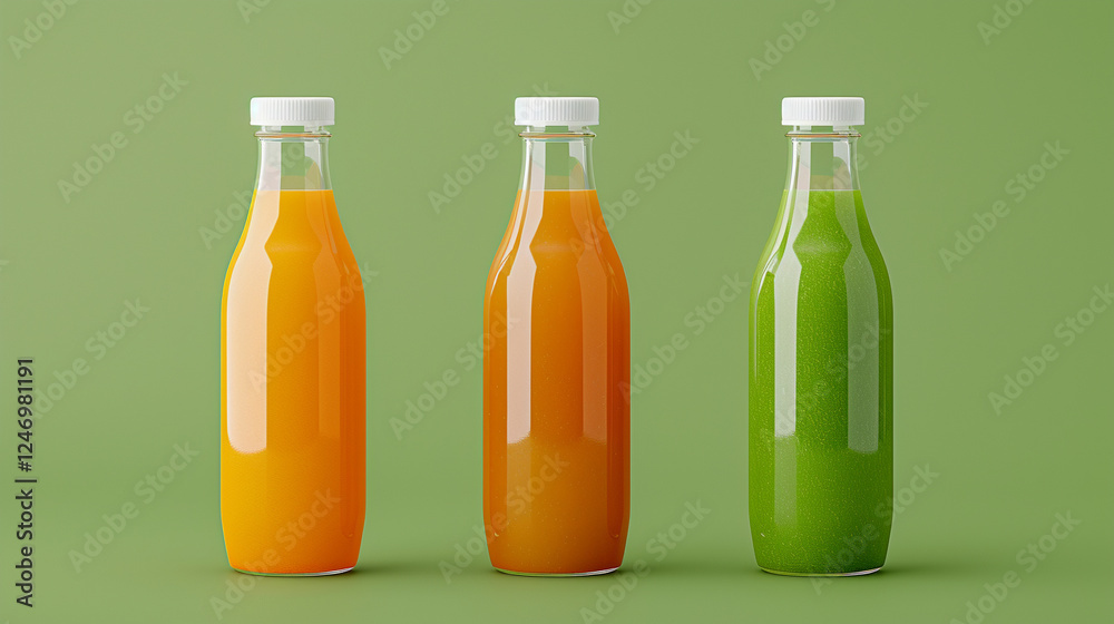Freshly made juices displayed in clear bottles on a vibrant green background showcasing bright colors and flavors in an inviting setup Freshly made juices displayed in clear bottles on a vibrant green background showcasing bright colors and flavors in an inviting setup