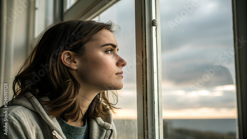 Thoughtful Young Woman Looking Out of a Window