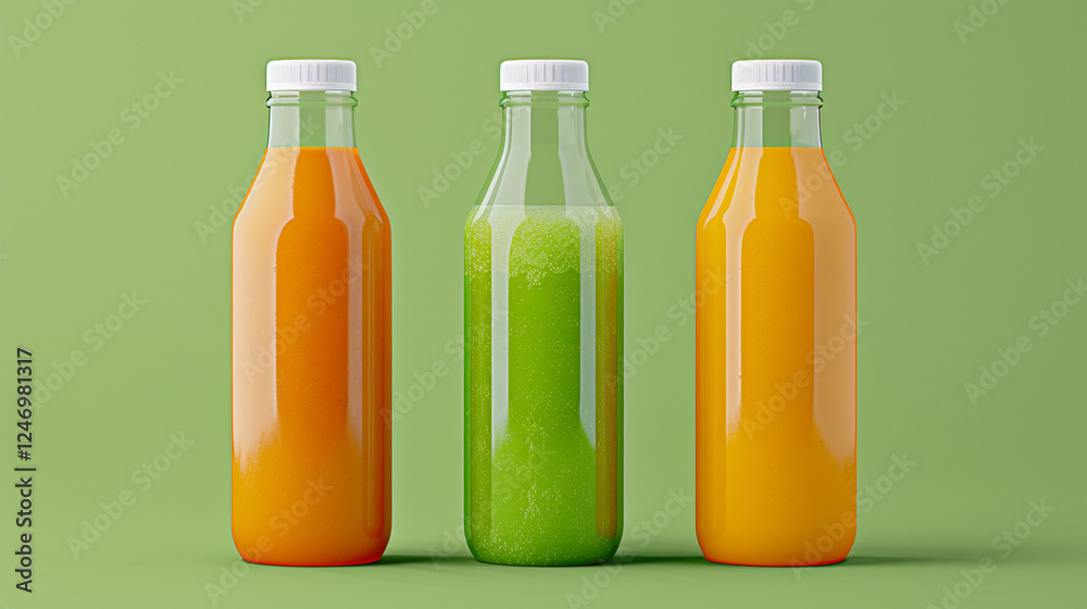 Freshly made juices displayed in clear bottles on a vibrant green background showcasing bright colors and flavors in an inviting setup Freshly made juices displayed in clear bottles on a vibrant green background showcasing bright colors and flavors in an inviting setup