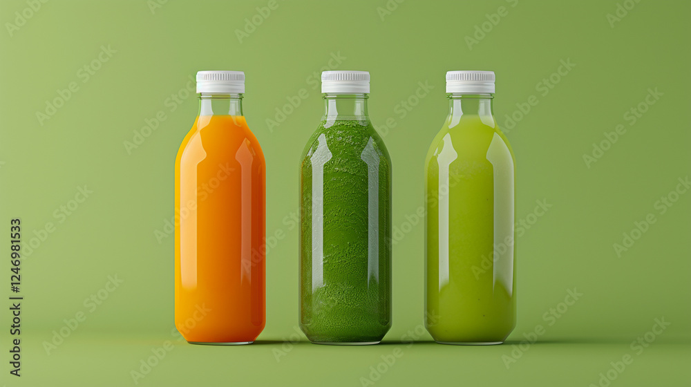 Freshly made juices displayed in clear bottles on a vibrant green background showcasing bright colors and flavors in an inviting setup Freshly made juices displayed in clear bottles on a vibrant green background showcasing bright colors and flavors in an inviting setup