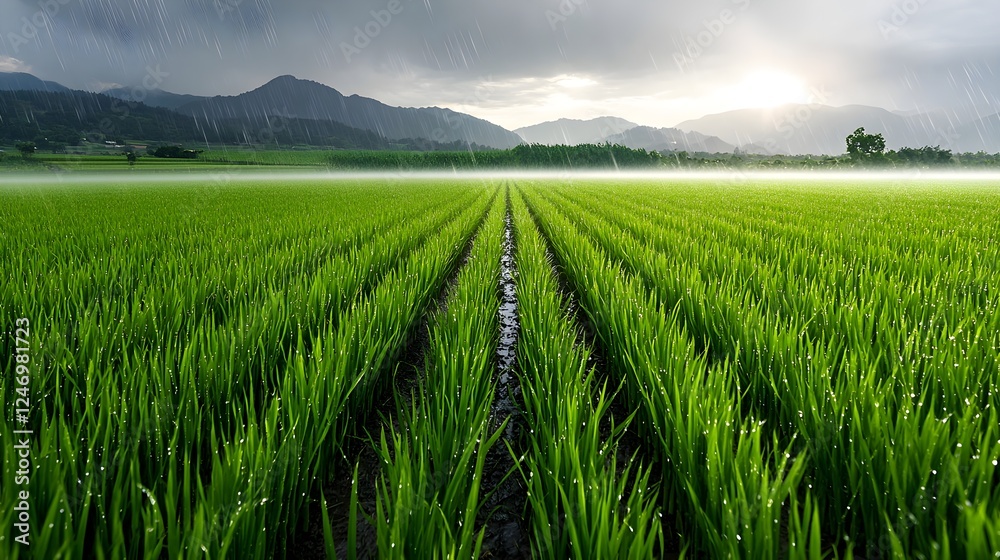 Fototapeta premium Lush Green Rice Paddy Field at Sunset