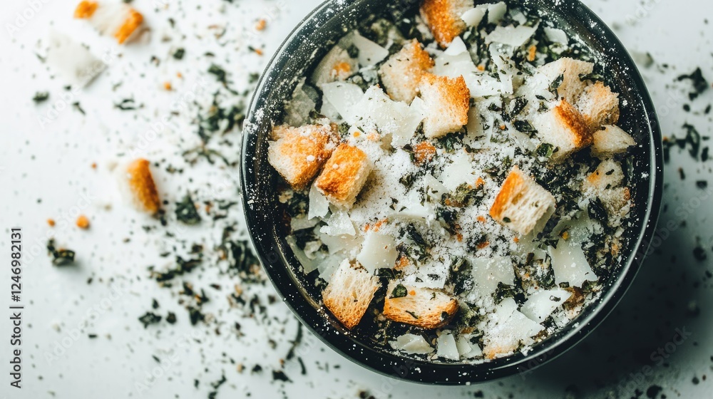 A bowl of Caesar salad with croutons and grated Parmesan cheese on a white background A bowl of Caesar salad with croutons and grated Parmesan cheese on a white background