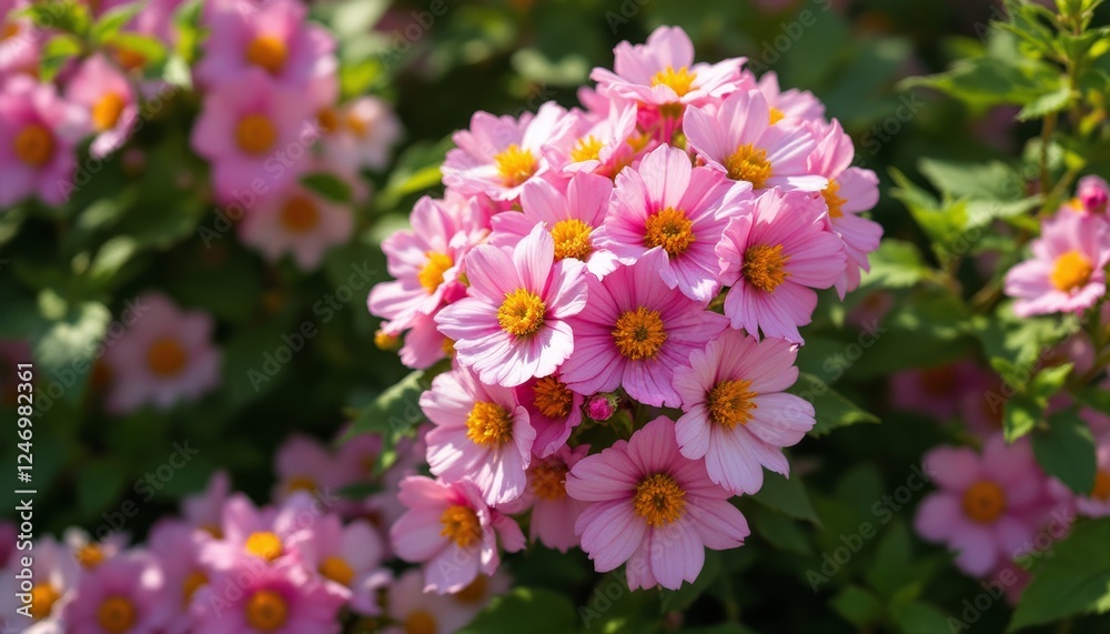 Cascading Daisies: A Vibrant Display of Delicate Pink Blooms and Golden Centers Cascading Daisies: A Vibrant Display of Delicate Pink Blooms and Golden Centers