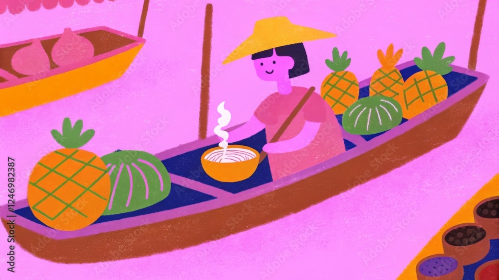 Naklejka premium A traditional wooden boat filled with fresh tropical fruits and street food floats along a bustling Thai market canal. A vendor in a straw hat smiles as she hands a bowl of steaming noodles to a custo