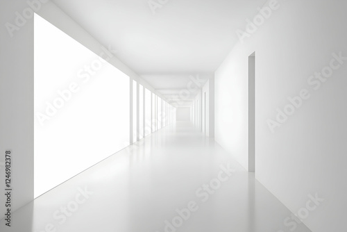 Minimalist office corridor with a blank mock-up wall for branding