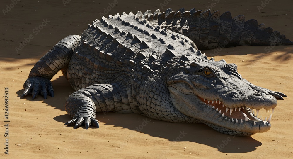 Obraz premium Menacing Alligator basking in the sunlight on the sandy riverbank
