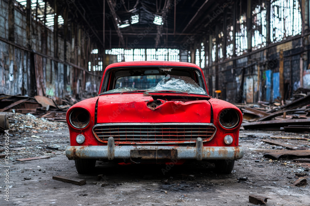 Fototapeta premium Abandoned Red Vintage Car in an Empty Warehouse - A striking image of a worn-out red vintage car resting in a deserted industrial space filled with debris.