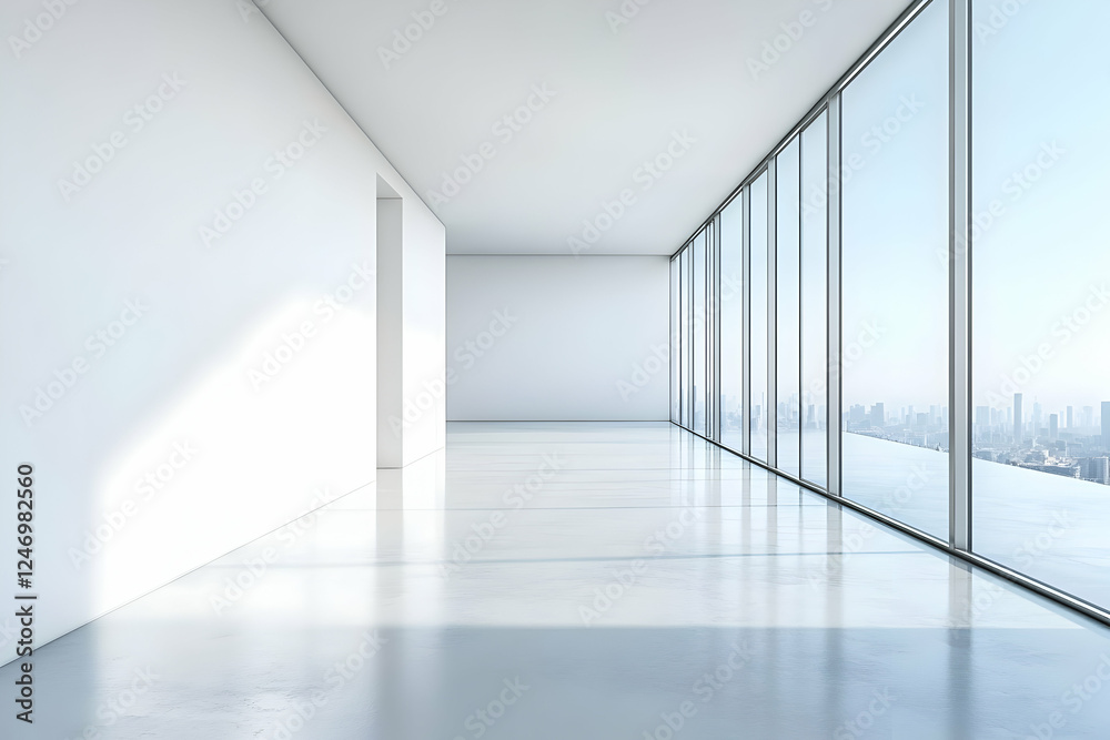 Minimalist white office hallway with a large window overlooking the workspace Minimalist white office hallway with a large window overlooking the workspace