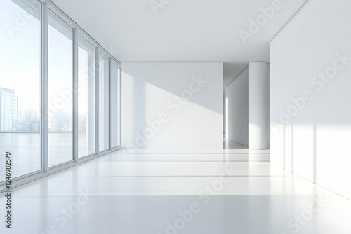 Minimalist white office hallway with a large window overlooking the workspace