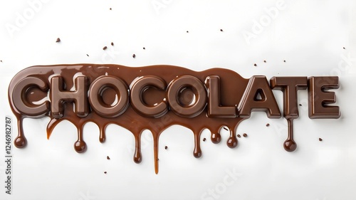 
The word CHOCOLATE with the texture of liquid chocolate flowing down, on a white background