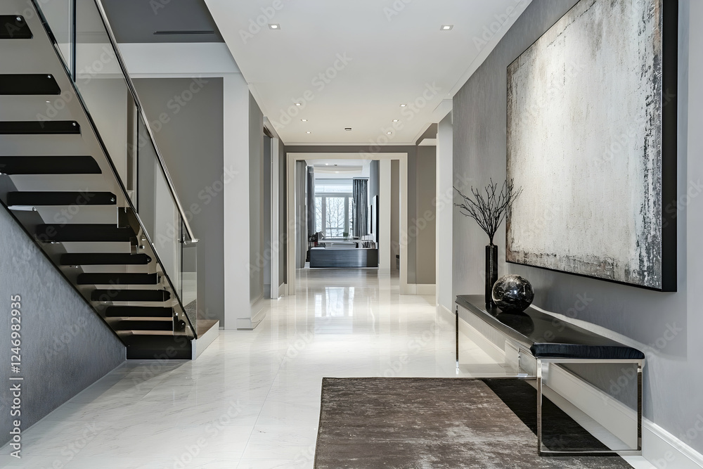 Minimalistic hallway interior with a clean gray wall and contemporary decor Minimalistic hallway interior with a clean gray wall and contemporary decor
