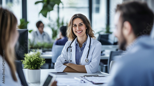 Smiling Confident Feale Doctor in 
Conference Room with Team, Friendly Healthcare Professionals,  Collaborating, Expertise, Diagnosis, Cooperation, Good News, Education in Modern Clinic. photo