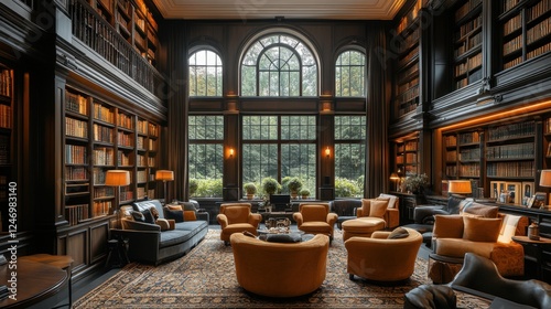 Cozy lounge with oversized armchairs and books