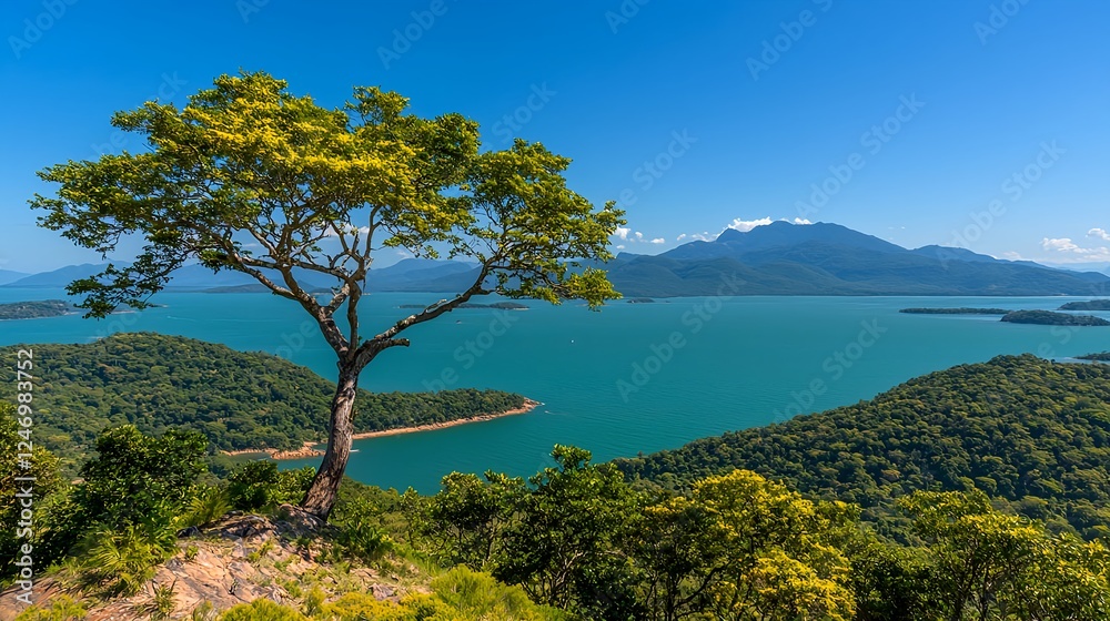Lush Green Tree on Hilltop Overlooking Serene Teal Lake and Lush Green Tree on Hilltop Overlooking Serene Teal Lake and