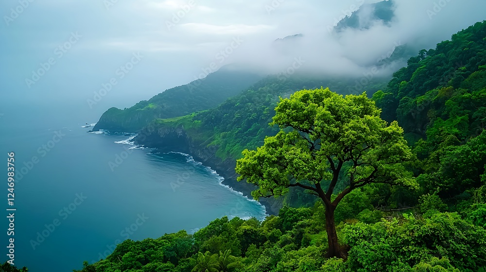 Lush Green Tree on Misty Ocean Coast Lush Green Tree on Misty Ocean Coast