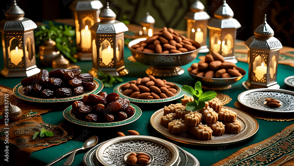 Ramadan Iftar Table with Dates, Sweets, and Lanterns Ramadan Iftar Table with Dates, Sweets, and Lanterns