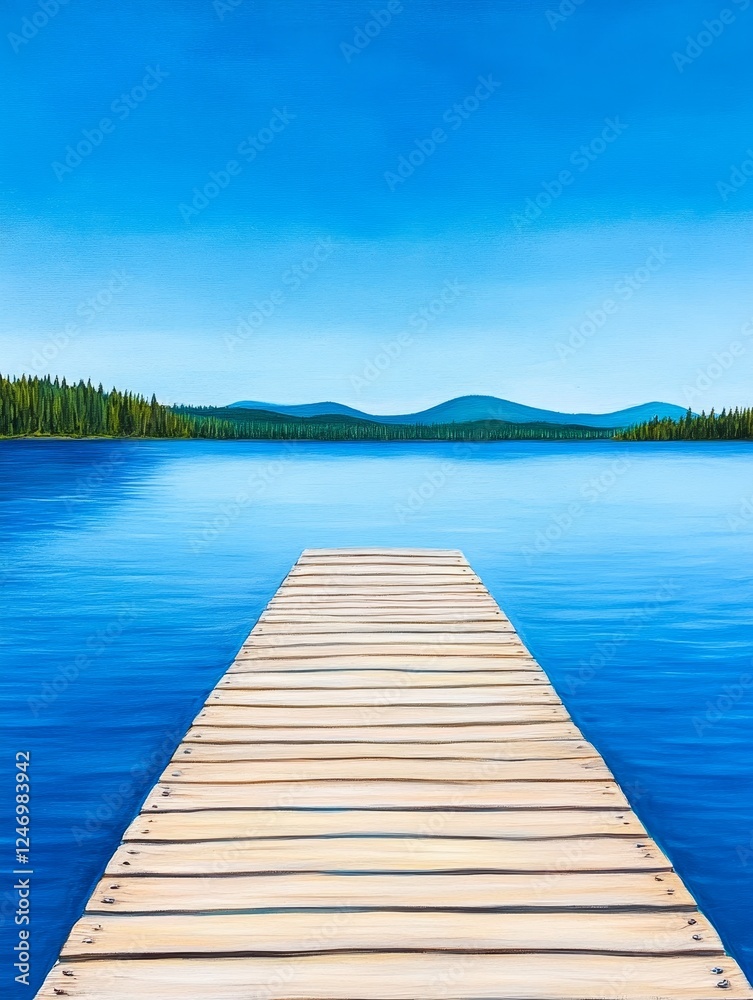 Fototapeta premium Serene Lake View with Wooden Dock - A tranquil scene featuring a wooden dock extending into a peaceful lake surrounded by mountains under a clear blue sky.