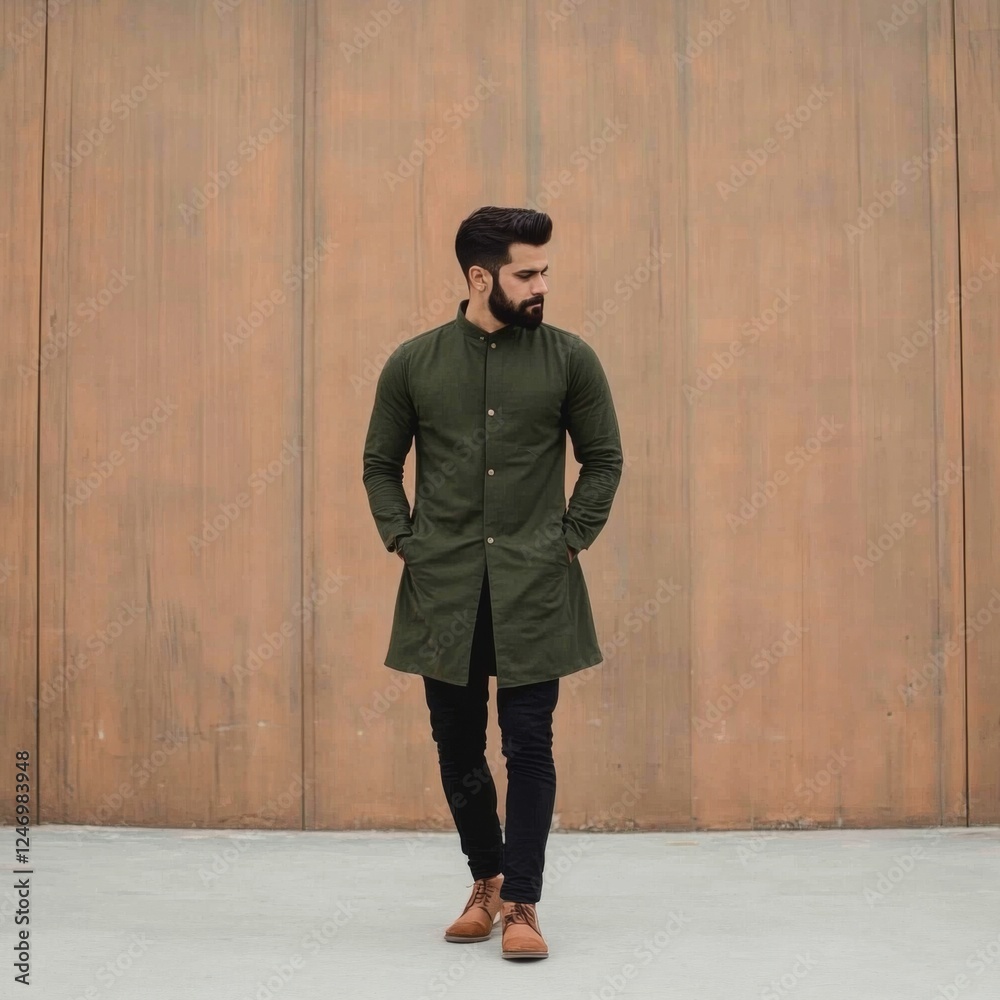 Man in olive green long coat against brown wall. Casual fashion style Man in olive green long coat against brown wall. Casual fashion style
